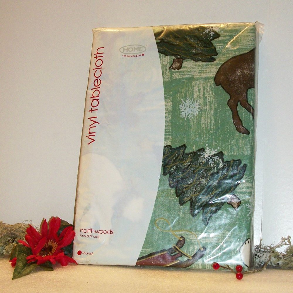 HOME for the HOLIDAYS NEW Vinyl Tablecloth 70" Round "NORTHWOODS" Flannel Back